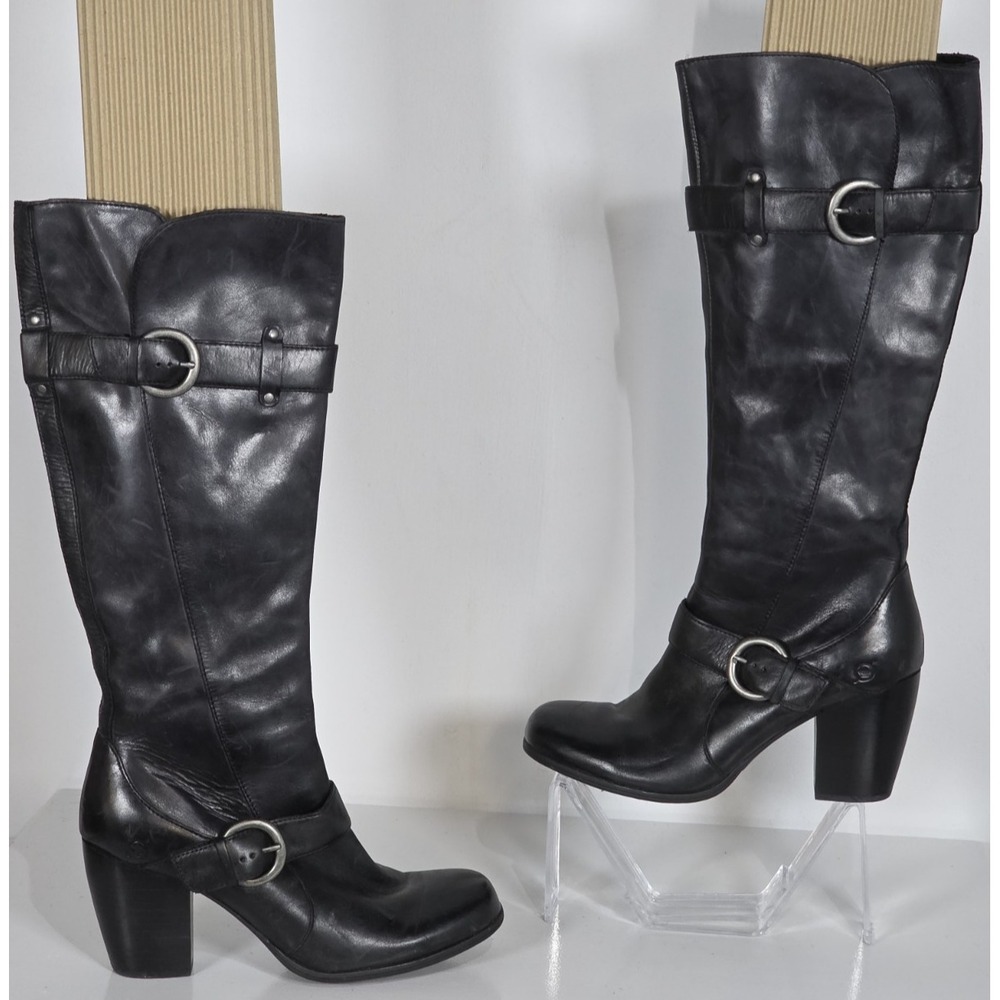 Born Womens 9 Black Leather Knee High Heeled Boots Ankle Strap Buckle Riding